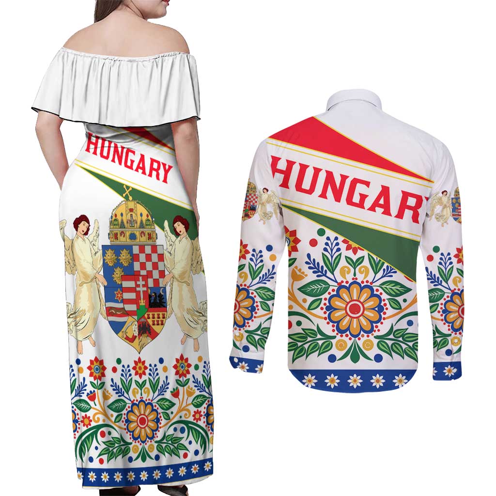 Hungary Couples Matching Off Shoulder Maxi Dress and Long Sleeve Button Shirt with Folk Musician Illustration Design and Traditional Floral - Wonder Print Shop