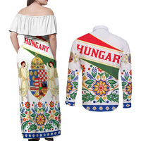 Hungary Couples Matching Off Shoulder Maxi Dress and Long Sleeve Button Shirt with Folk Musician Illustration Design and Traditional Floral - Wonder Print Shop