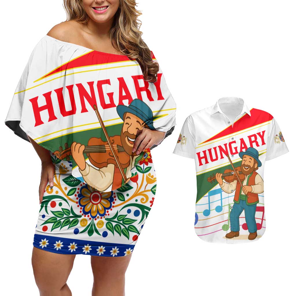 Hungary Couples Matching Off Shoulder Short Dress and Hawaiian Shirt with Folk Musician Illustration Design and Traditional Floral - Wonder Print Shop