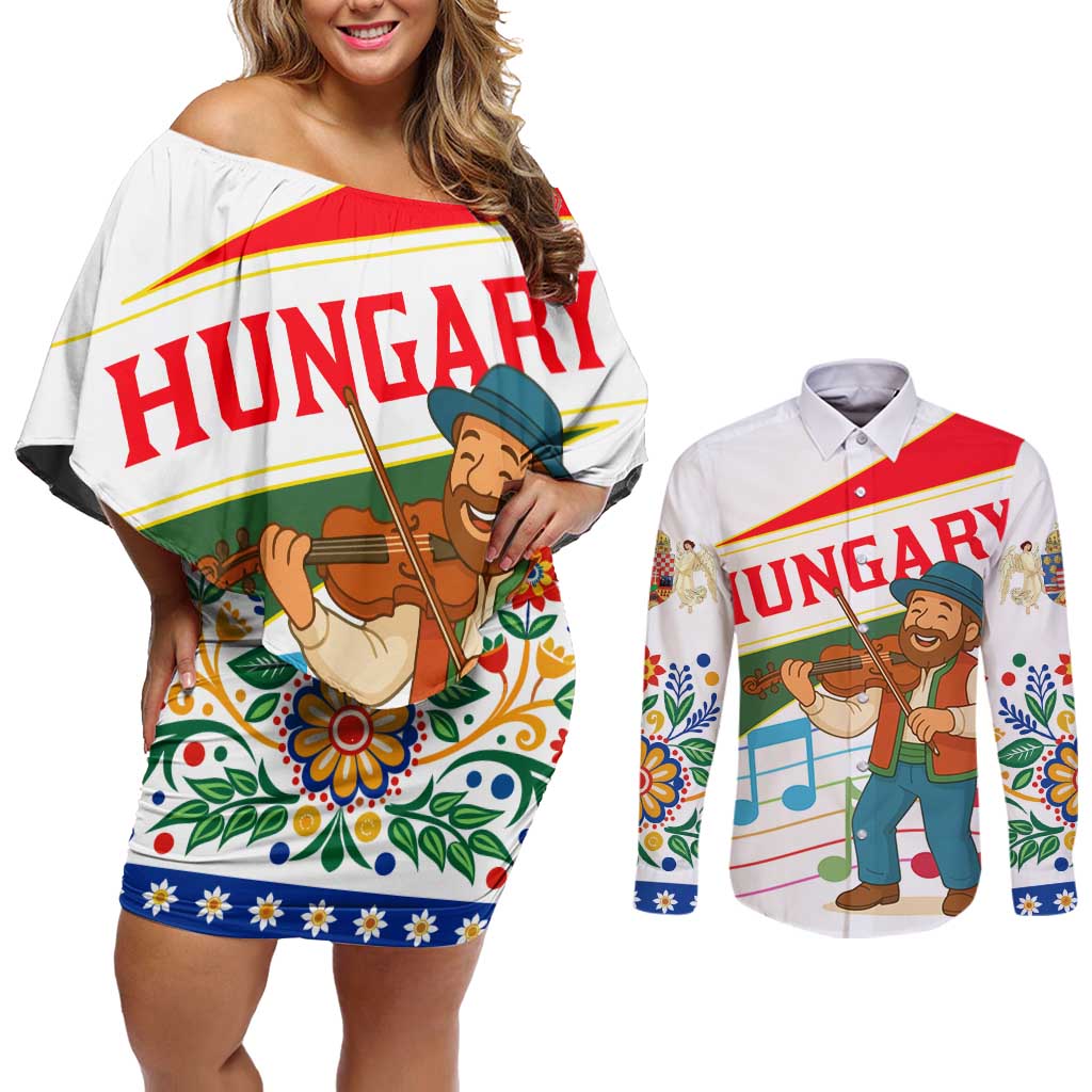 Hungary Couples Matching Off Shoulder Short Dress and Long Sleeve Button Shirt with Folk Musician Illustration Design and Traditional Floral - Wonder Print Shop