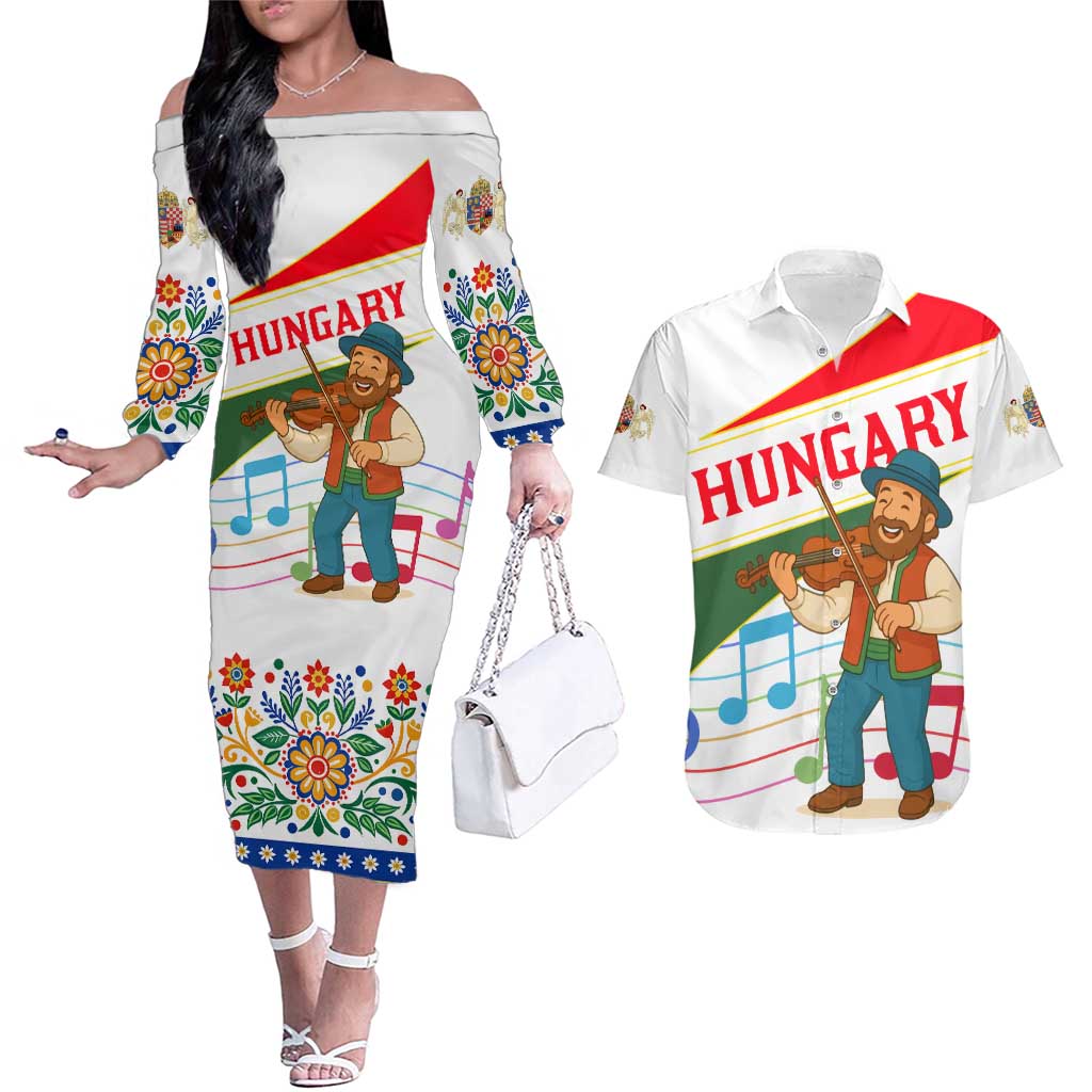 Hungary Couples Matching Off The Shoulder Long Sleeve Dress and Hawaiian Shirt with Folk Musician Illustration Design and Traditional Floral - Wonder Print Shop