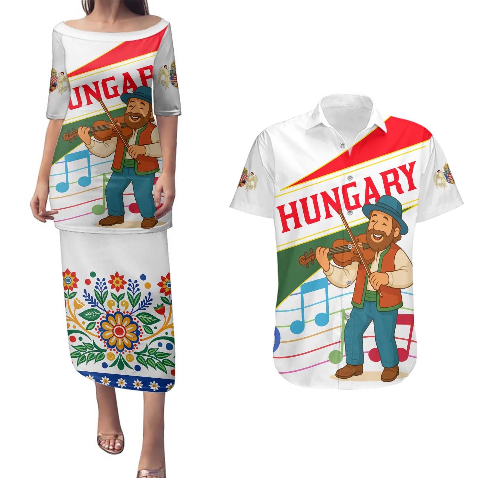 Hungary Couples Matching Puletasi and Hawaiian Shirt with Folk Musician Illustration Design and Traditional Floral - Wonder Print Shop