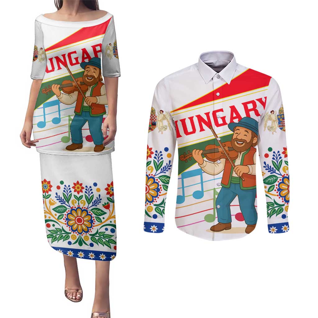 Hungary Couples Matching Puletasi and Long Sleeve Button Shirt with Folk Musician Illustration Design and Traditional Floral - Wonder Print Shop