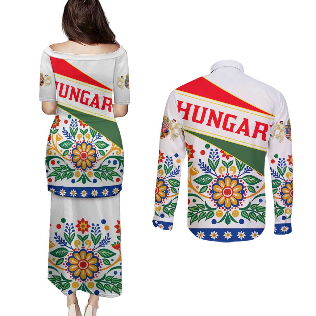 Hungary Couples Matching Puletasi and Long Sleeve Button Shirt with Folk Musician Illustration Design and Traditional Floral - Wonder Print Shop