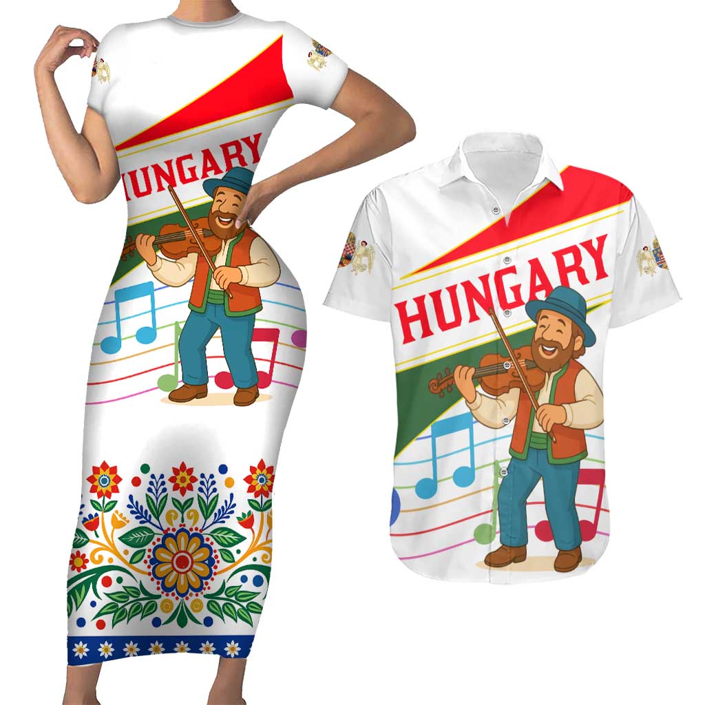 Hungary Couples Matching Short Sleeve Bodycon Dress and Hawaiian Shirt with Folk Musician Illustration Design and Traditional Floral - Wonder Print Shop