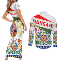 Hungary Couples Matching Short Sleeve Bodycon Dress and Long Sleeve Button Shirt with Folk Musician Illustration Design and Traditional Floral - Wonder Print Shop