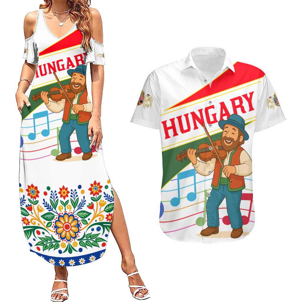 Hungary Couples Matching Summer Maxi Dress and Hawaiian Shirt with Folk Musician Illustration Design and Traditional Floral - Wonder Print Shop