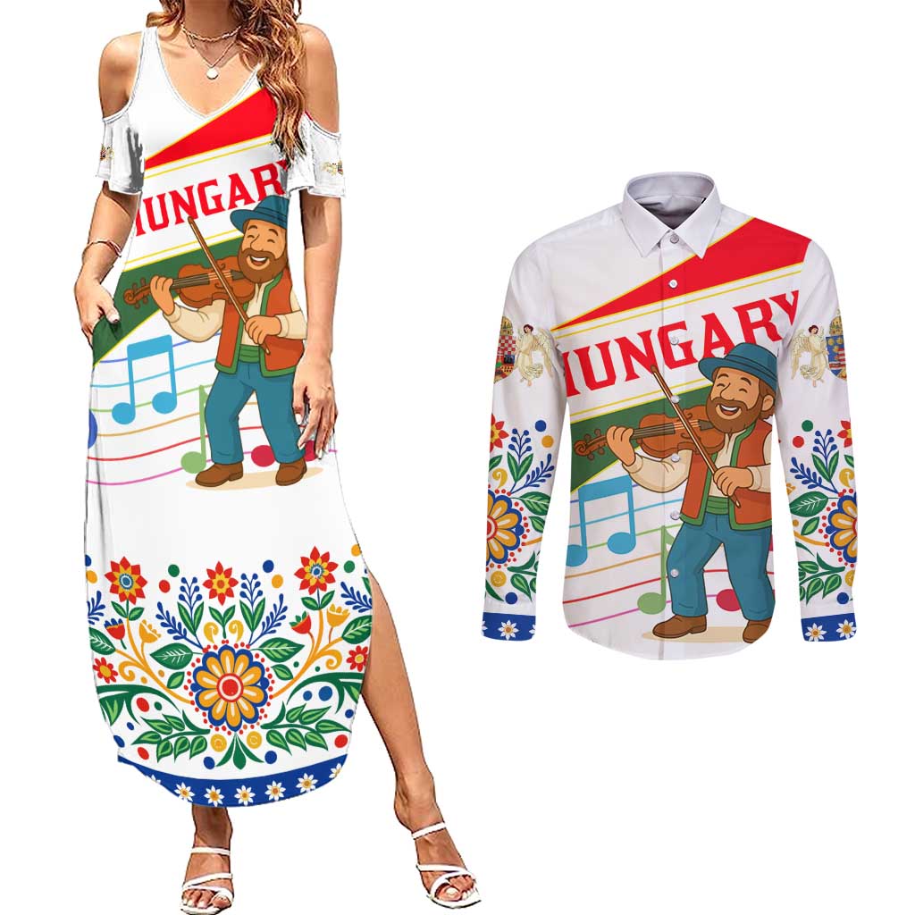 Hungary Couples Matching Summer Maxi Dress and Long Sleeve Button Shirt with Folk Musician Illustration Design and Traditional Floral - Wonder Print Shop