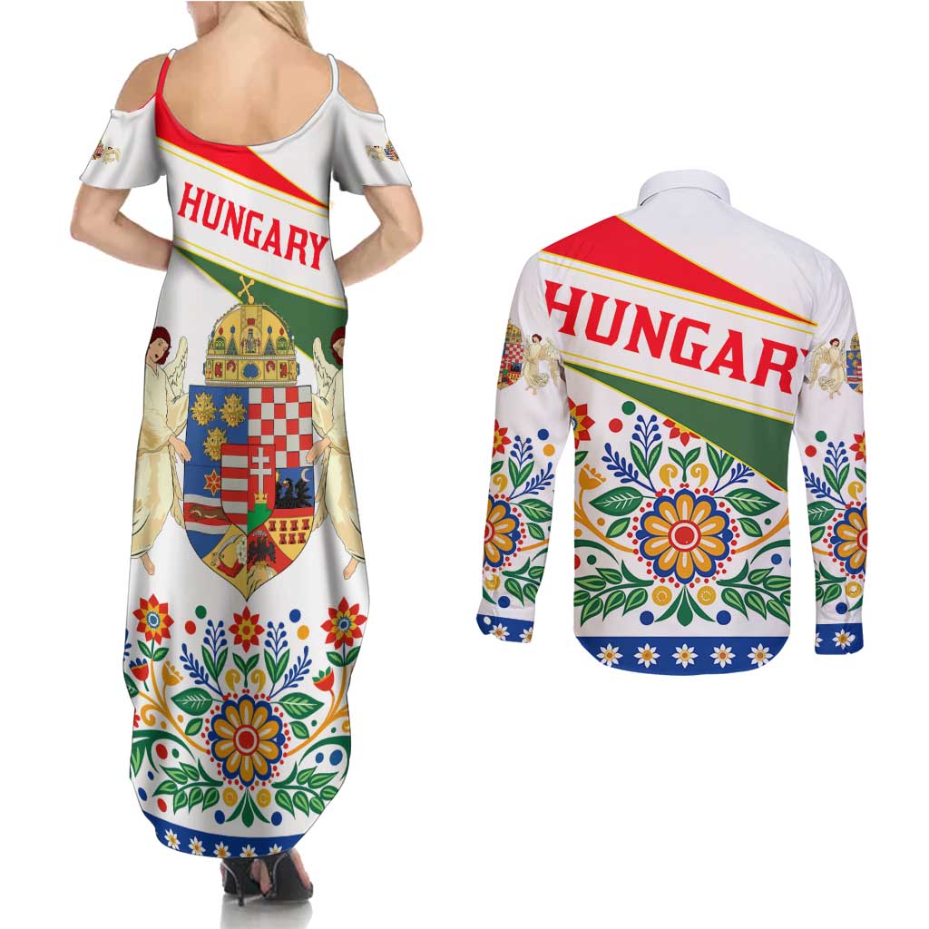 Hungary Couples Matching Summer Maxi Dress and Long Sleeve Button Shirt with Folk Musician Illustration Design and Traditional Floral - Wonder Print Shop