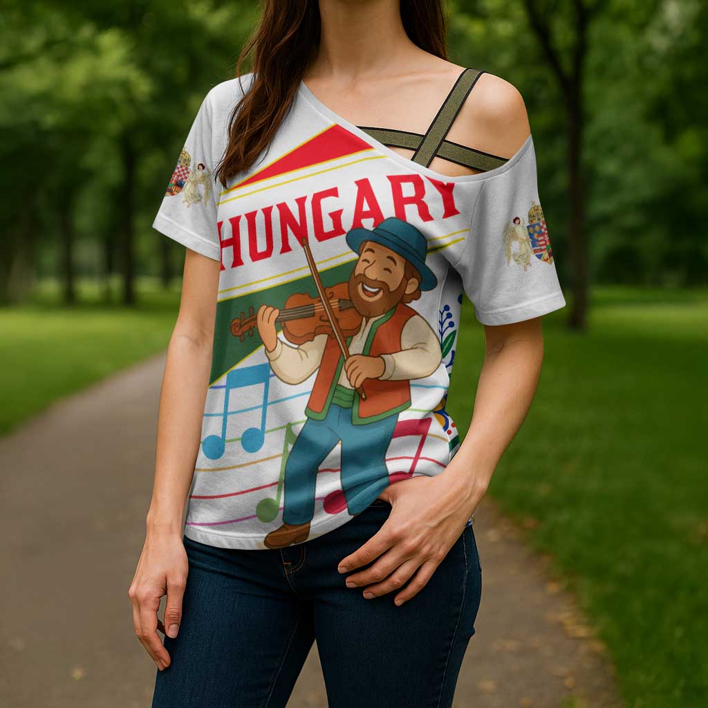 Hungary Cross Shoulder Shirt with Folk Musician Illustration Design and Traditional Floral - Wonder Print Shop