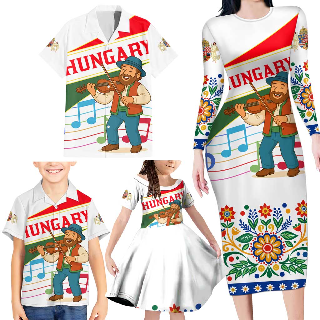 Hungary Family Matching Long Sleeve Bodycon Dress and Hawaiian Shirt with Folk Musician Illustration Design and Traditional Floral - Wonder Print Shop