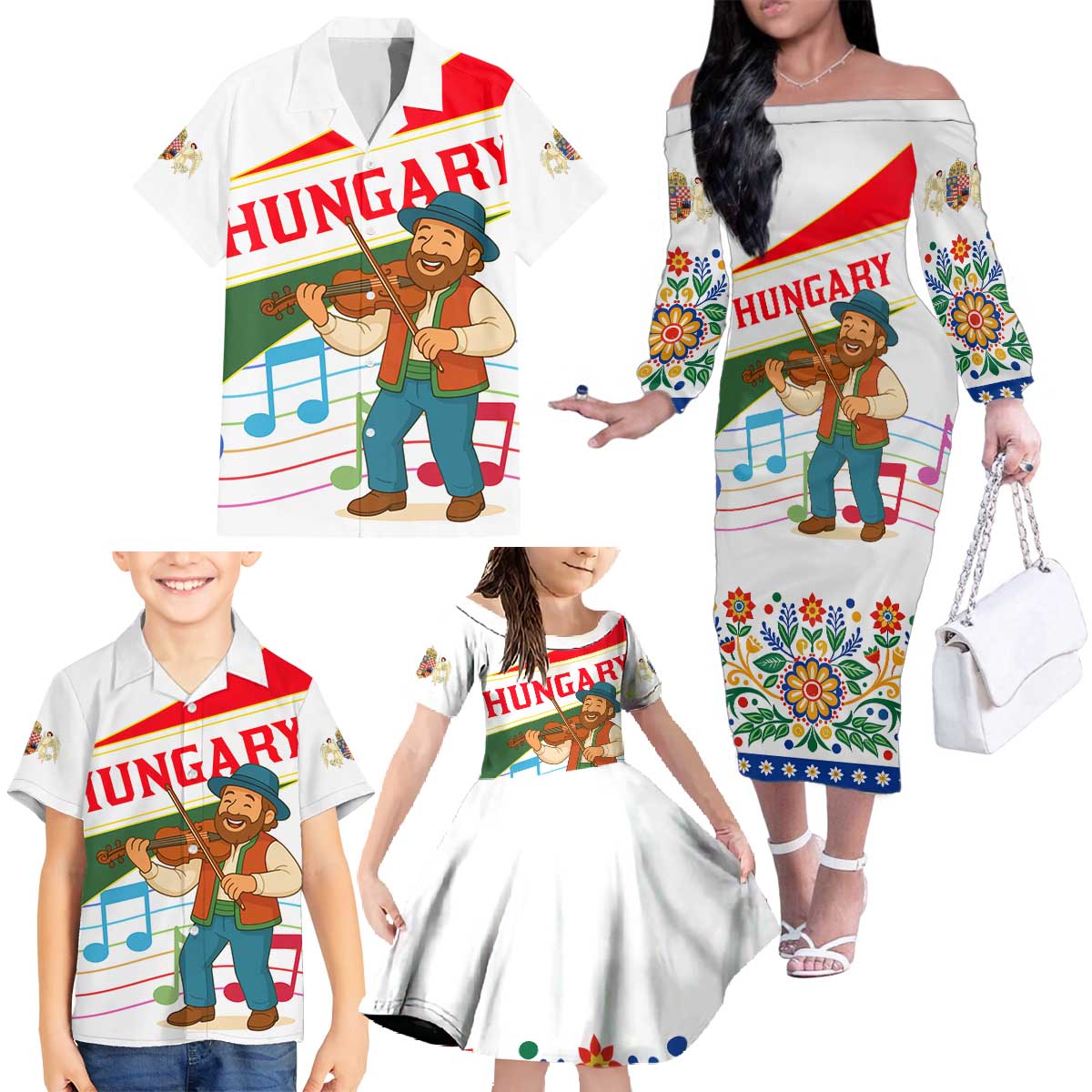 Hungary Family Matching Off The Shoulder Long Sleeve Dress and Hawaiian Shirt with Folk Musician Illustration Design and Traditional Floral - Wonder Print Shop