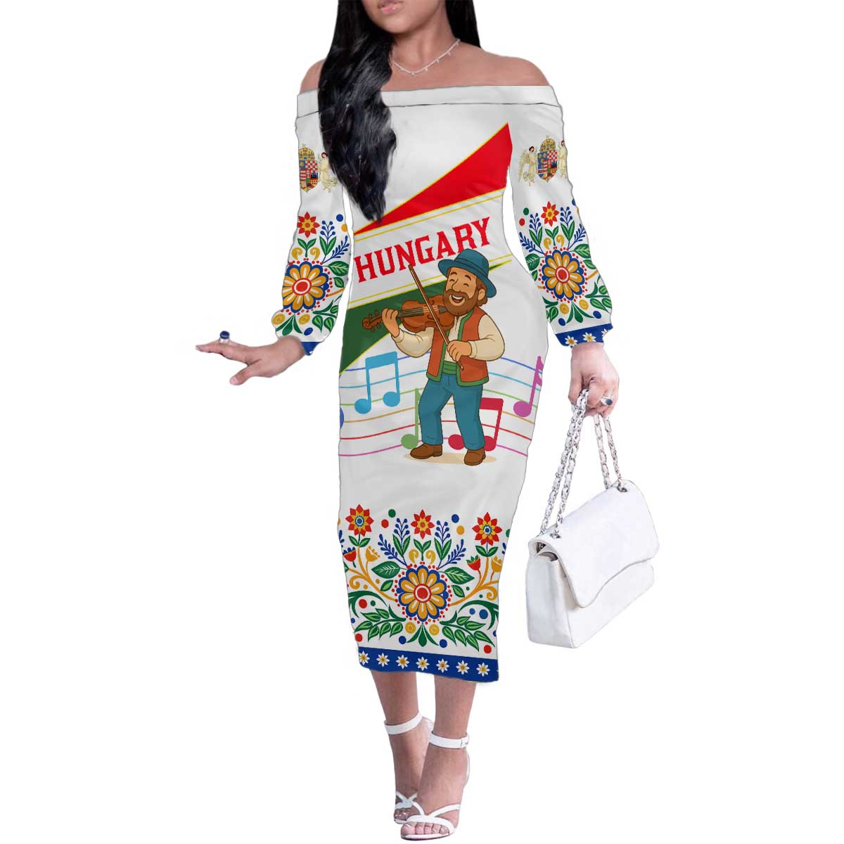 Hungary Family Matching Off The Shoulder Long Sleeve Dress and Hawaiian Shirt with Folk Musician Illustration Design and Traditional Floral - Wonder Print Shop