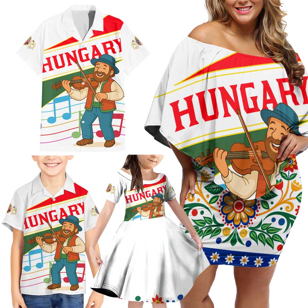 Hungary Family Matching Off Shoulder Short Dress and Hawaiian Shirt with Folk Musician Illustration Design and Traditional Floral - Wonder Print Shop