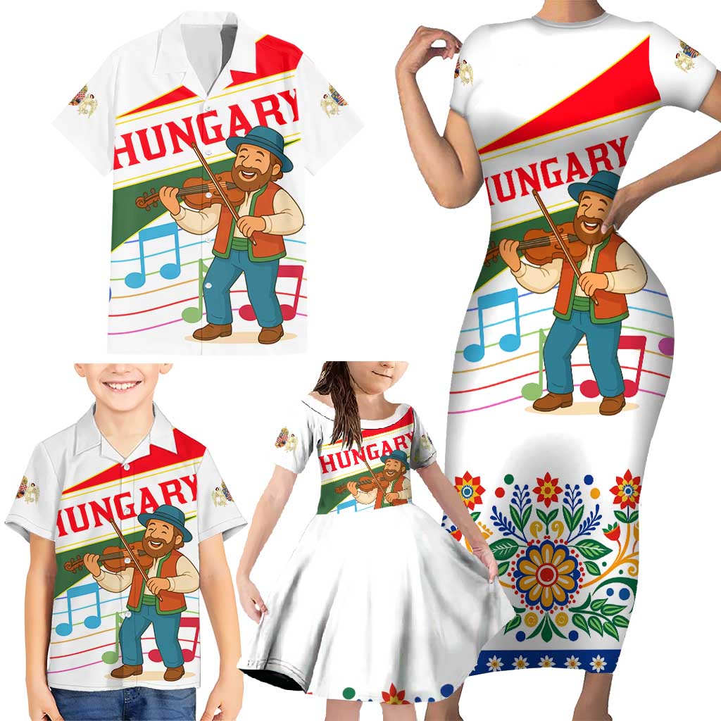Hungary Family Matching Short Sleeve Bodycon Dress and Hawaiian Shirt with Folk Musician Illustration Design and Traditional Floral - Wonder Print Shop
