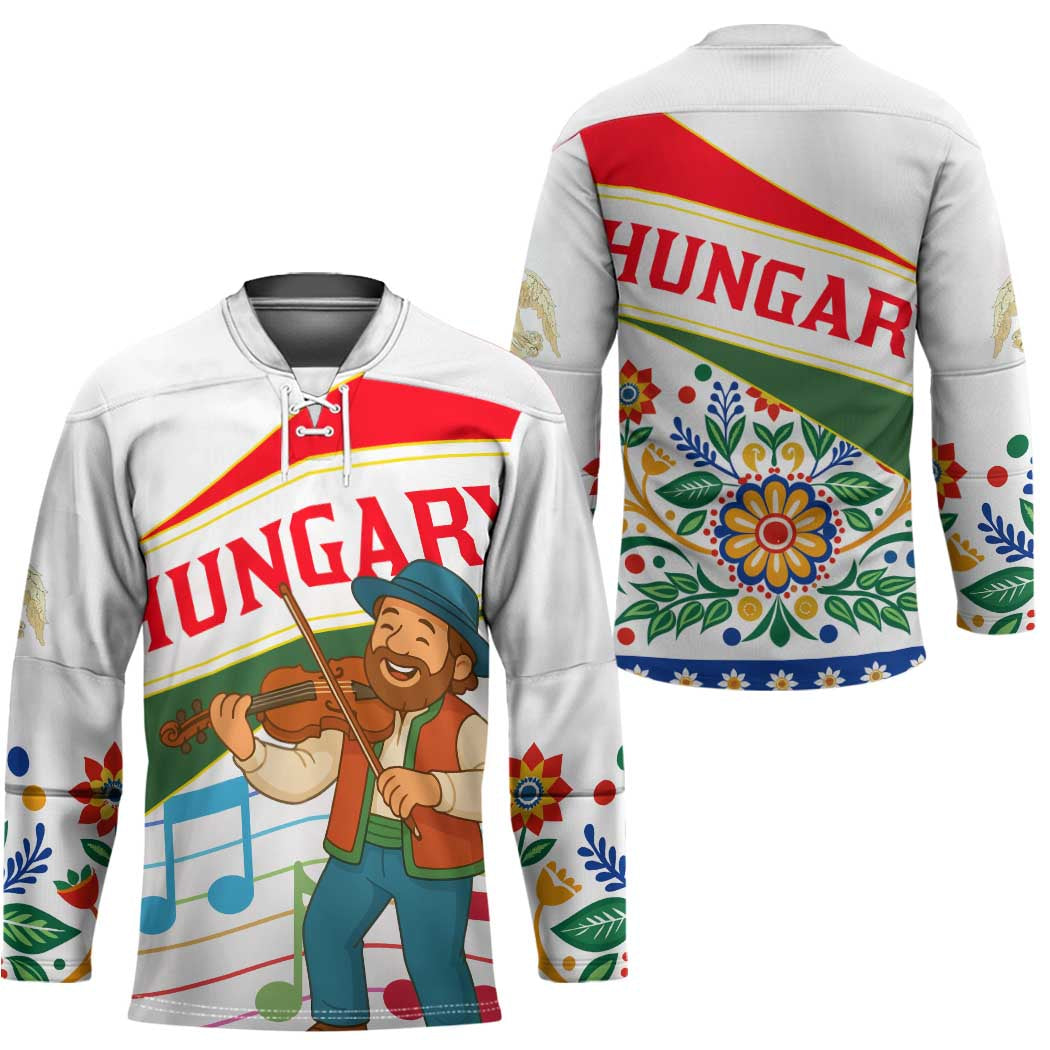 Hungary Hockey Jersey with Folk Musician Illustration Design and Traditional Floral - Wonder Print Shop