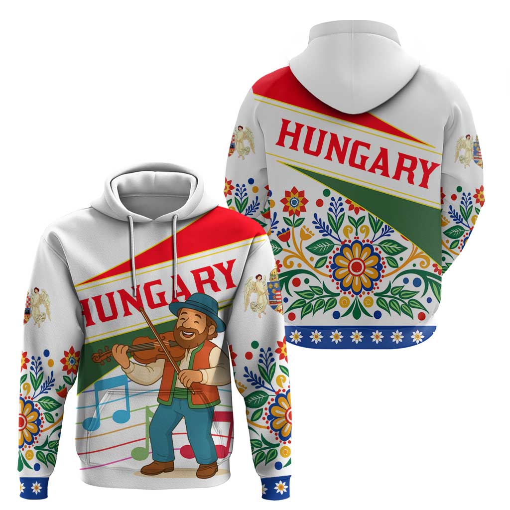 Hungary Hoodie with Folk Musician Illustration Design and Traditional Floral - Wonder Print Shop