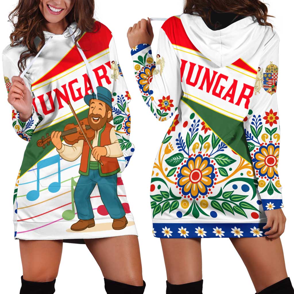 Hungary Hoodie Dress with Folk Musician Illustration Design and Traditional Floral - Wonder Print Shop