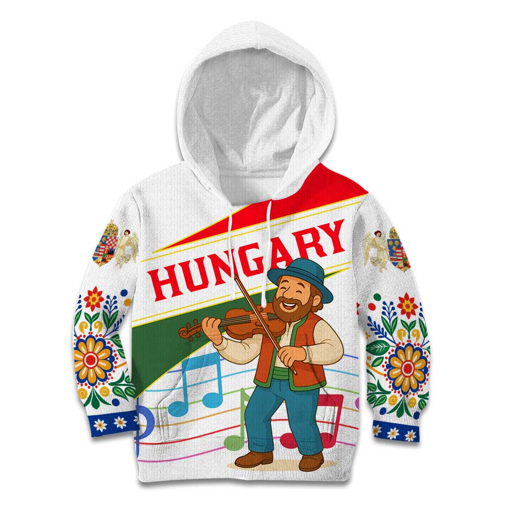 Hungary Kid Hoodie with Folk Musician Illustration Design and Traditional Floral - Wonder Print Shop