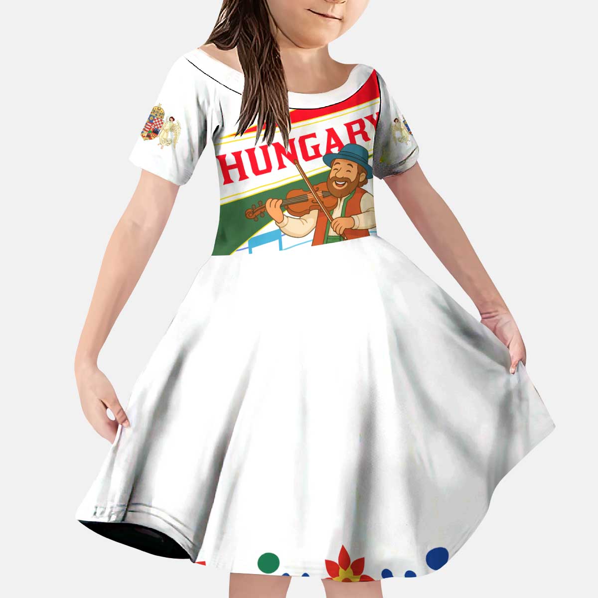 Hungary Kid Short Sleeve Dress with Folk Musician Illustration Design and Traditional Floral - Wonder Print Shop