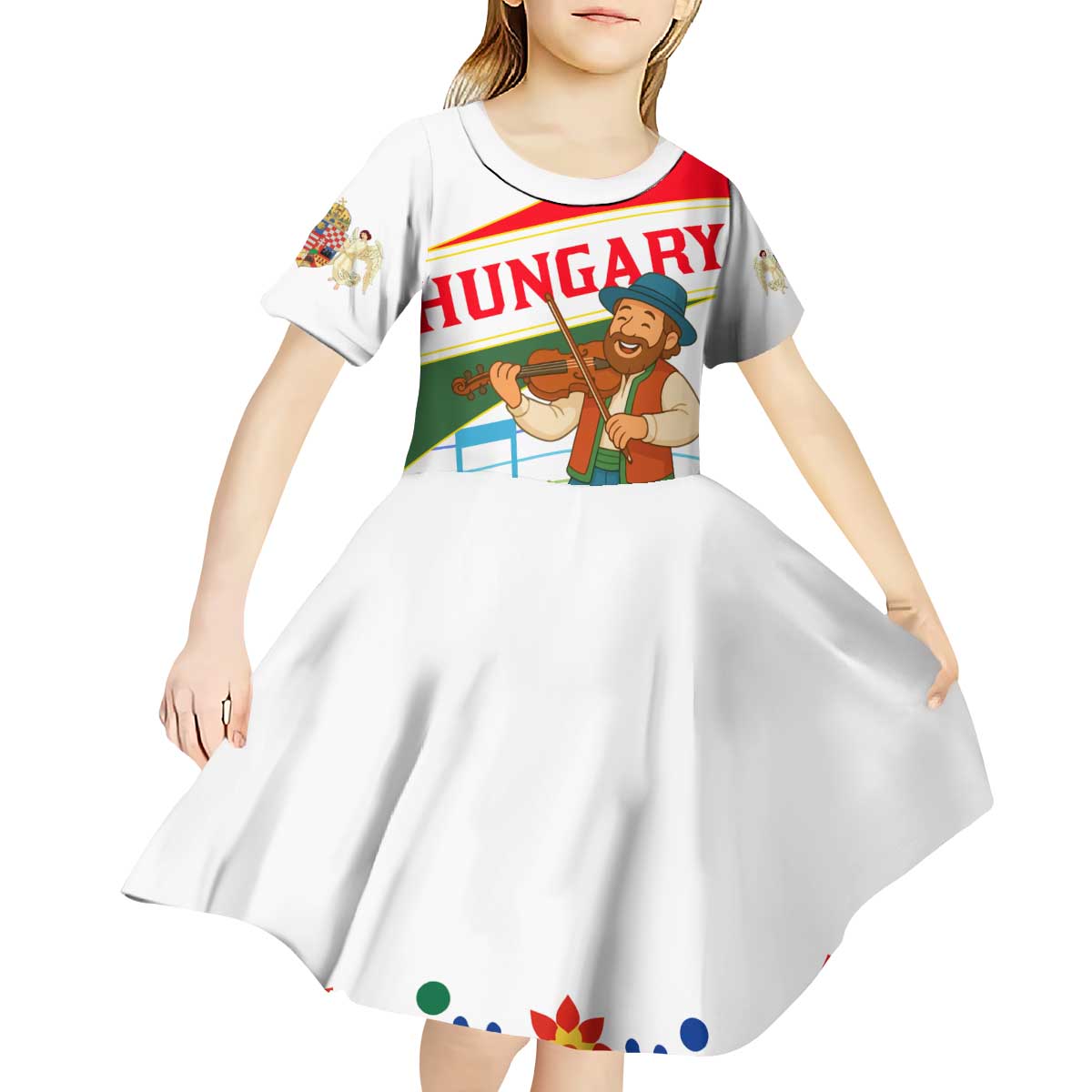 Hungary Kid Short Sleeve Dress with Folk Musician Illustration Design and Traditional Floral - Wonder Print Shop