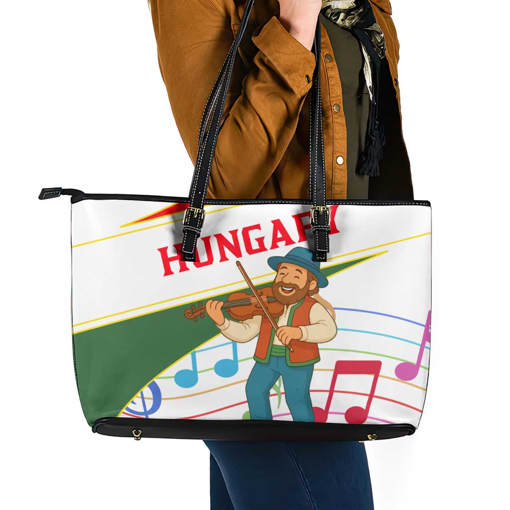 Hungary Leather Tote Bag with Folk Musician Illustration Design and Traditional Floral - Wonder Print Shop