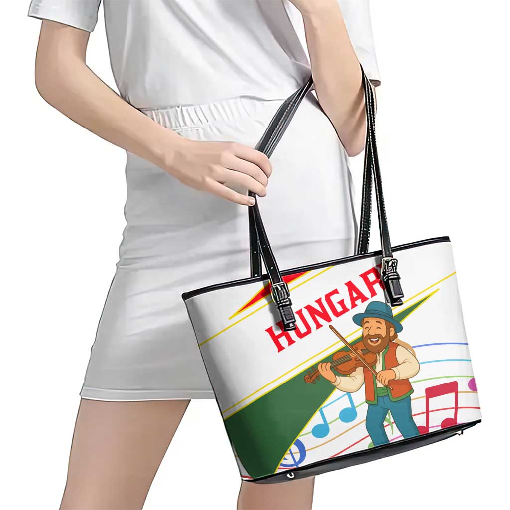 Hungary Leather Tote Bag with Folk Musician Illustration Design and Traditional Floral - Wonder Print Shop