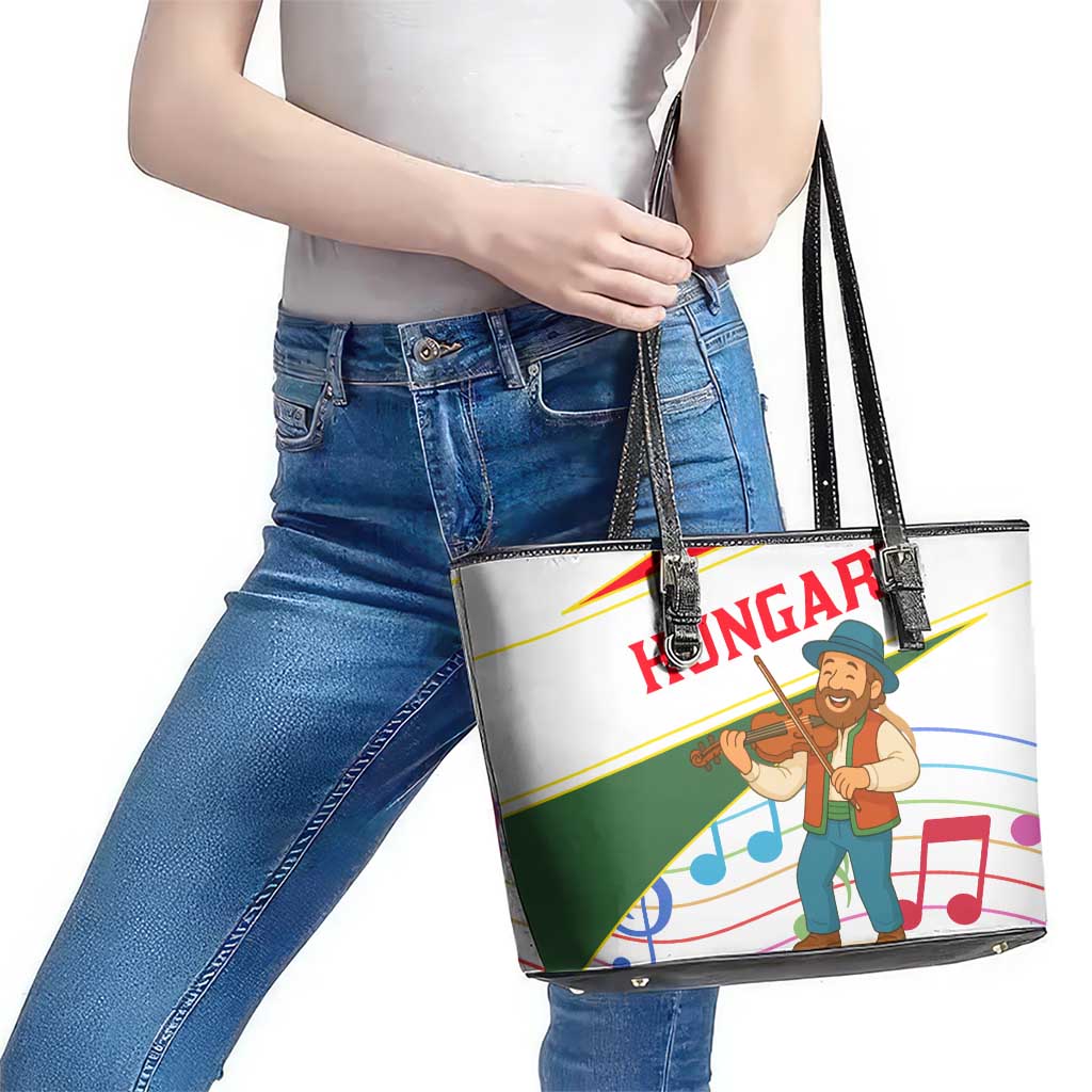Hungary Leather Tote Bag with Folk Musician Illustration Design and Traditional Floral - Wonder Print Shop