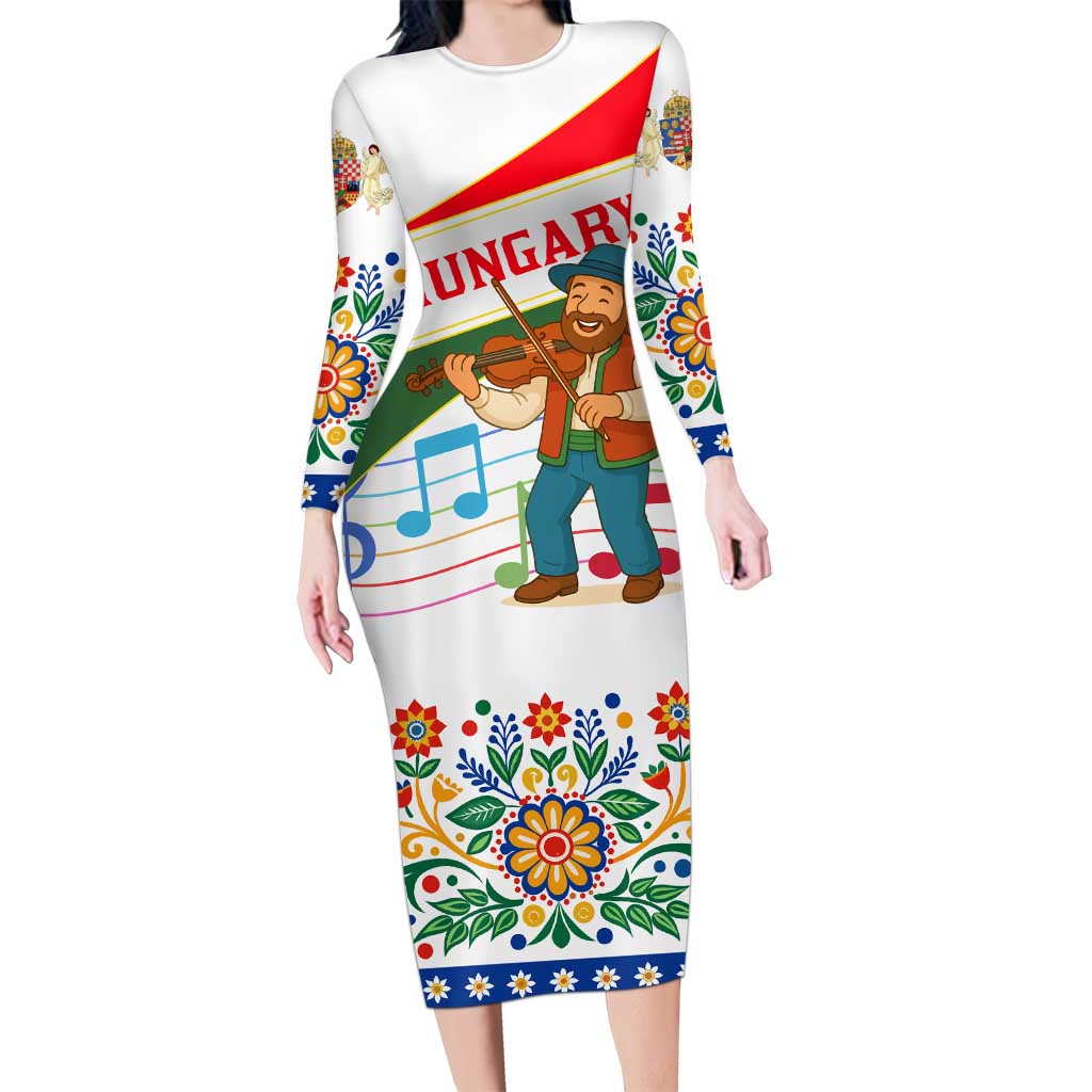 Hungary Long Sleeve Bodycon Dress with Folk Musician Illustration Design and Traditional Floral - Wonder Print Shop