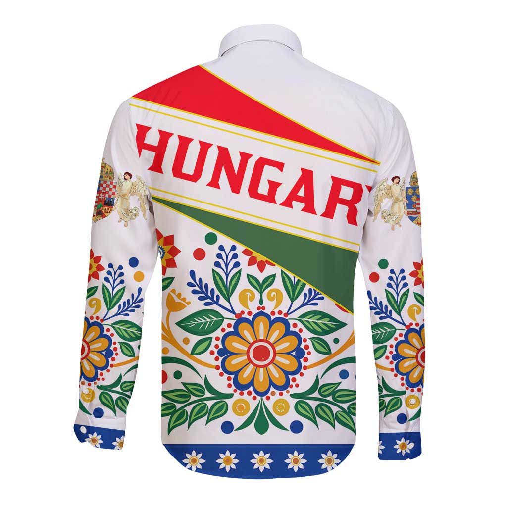 Hungary Long Sleeve Button Shirt with Folk Musician Illustration Design and Traditional Floral - Wonder Print Shop