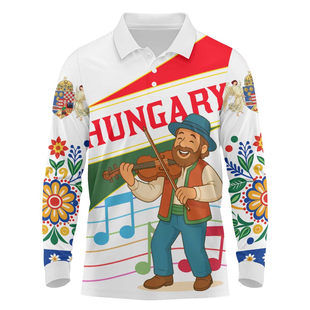 Hungary Long Sleeve Polo Shirt with Folk Musician Illustration Design and Traditional Floral - Wonder Print Shop