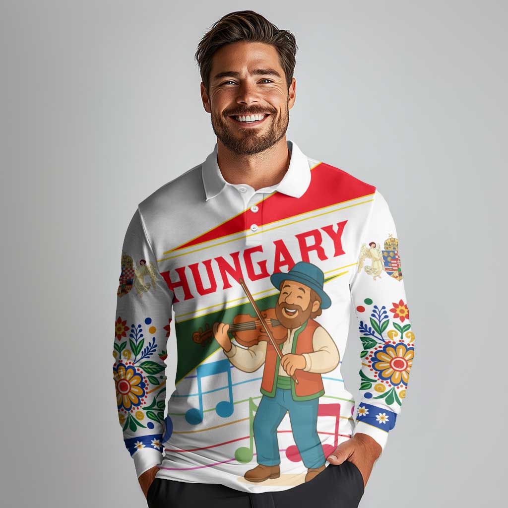 Hungary Long Sleeve Polo Shirt with Folk Musician Illustration Design and Traditional Floral - Wonder Print Shop
