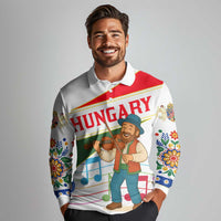 Hungary Long Sleeve Polo Shirt with Folk Musician Illustration Design and Traditional Floral - Wonder Print Shop