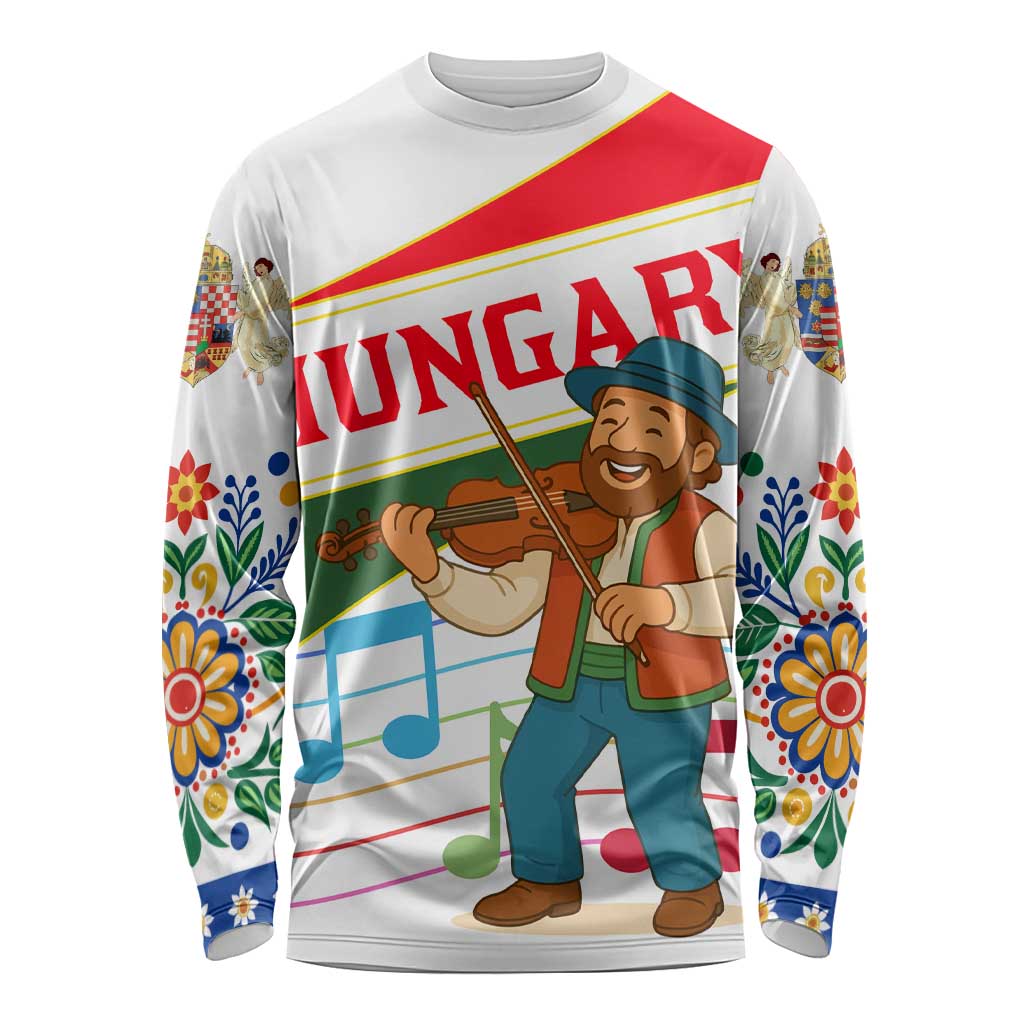 Hungary Long Sleeve Shirt with Folk Musician Illustration Design and Traditional Floral - Wonder Print Shop