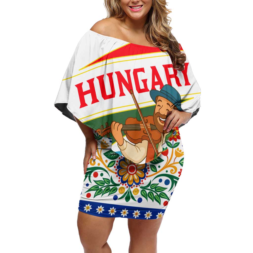 Hungary Off Shoulder Short Dress with Folk Musician Illustration Design and Traditional Floral - Wonder Print Shop