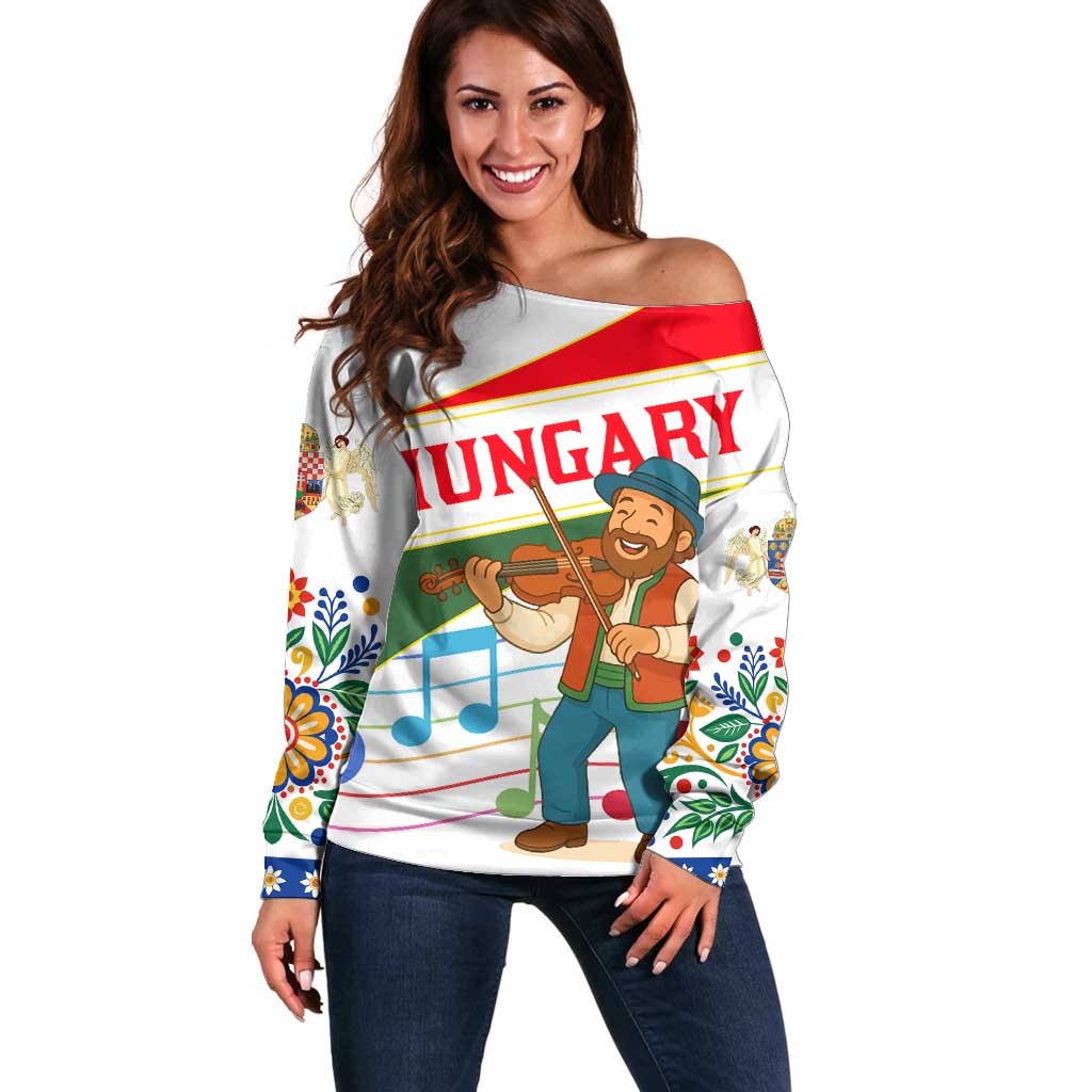 Hungary Off Shoulder Sweater with Folk Musician Illustration Design and Traditional Floral - Wonder Print Shop