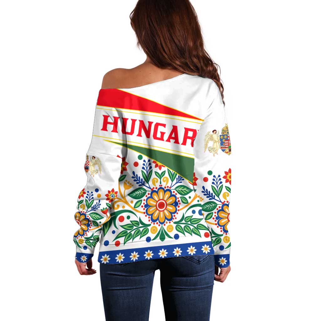 Hungary Off Shoulder Sweater with Folk Musician Illustration Design and Traditional Floral - Wonder Print Shop