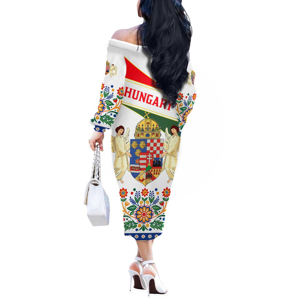 Hungary Off The Shoulder Long Sleeve Dress with Folk Musician Illustration Design and Traditional Floral - Wonder Print Shop