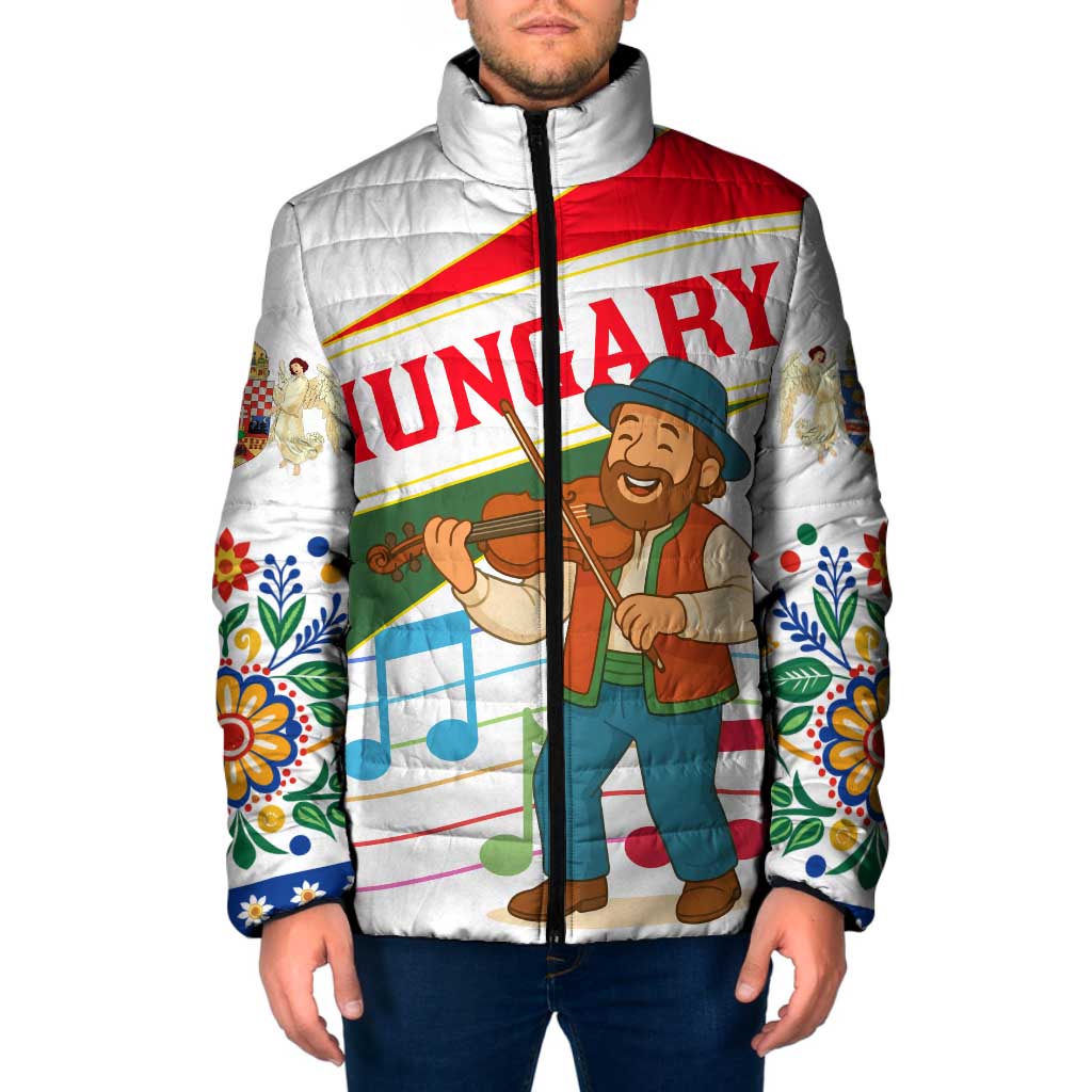 Hungary Padded Jacket with Folk Musician Illustration Design and Traditional Floral - Wonder Print Shop