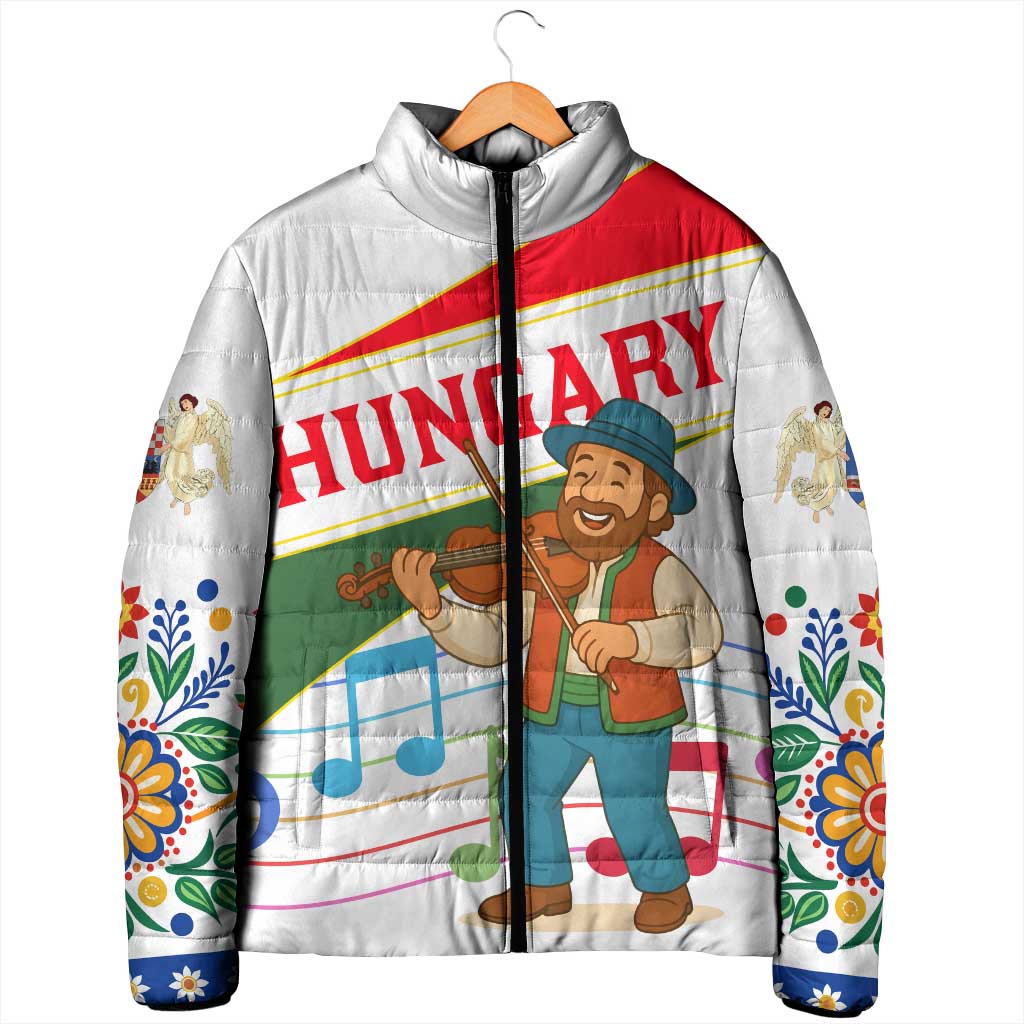 Hungary Padded Jacket with Folk Musician Illustration Design and Traditional Floral - Wonder Print Shop