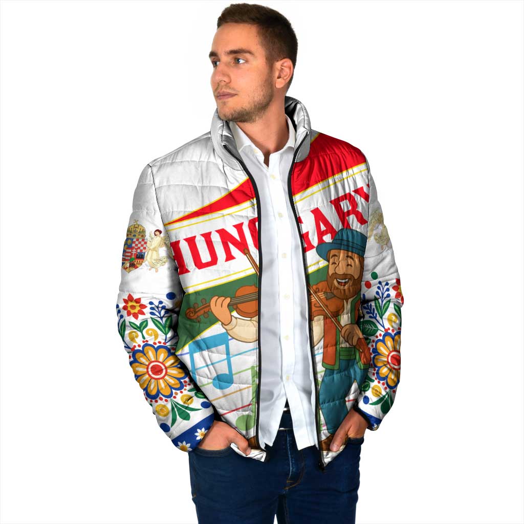 Hungary Padded Jacket with Folk Musician Illustration Design and Traditional Floral - Wonder Print Shop