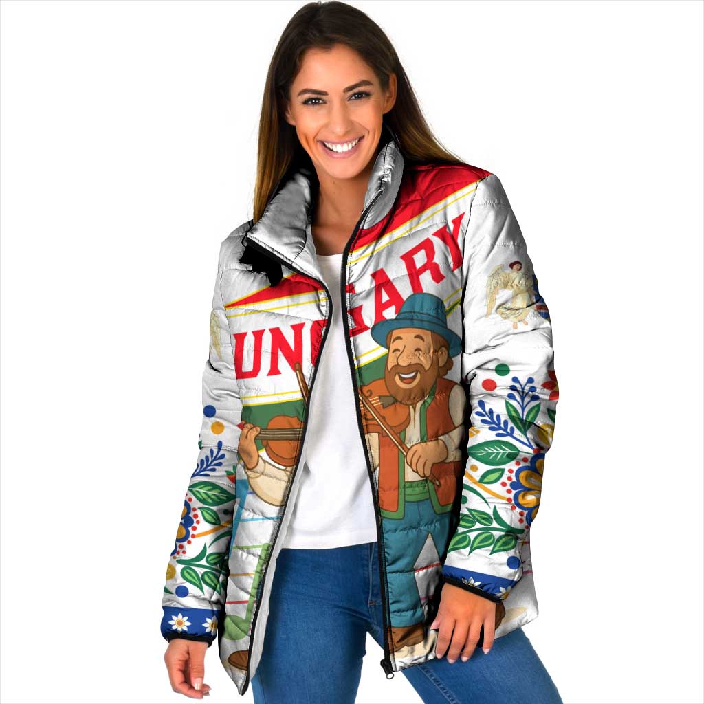 Hungary Padded Jacket with Folk Musician Illustration Design and Traditional Floral - Wonder Print Shop