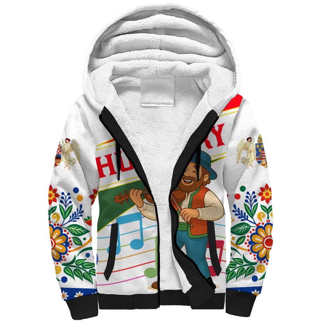 Hungary Sherpa Hoodie with Folk Musician Illustration Design and Traditional Floral - Wonder Print Shop