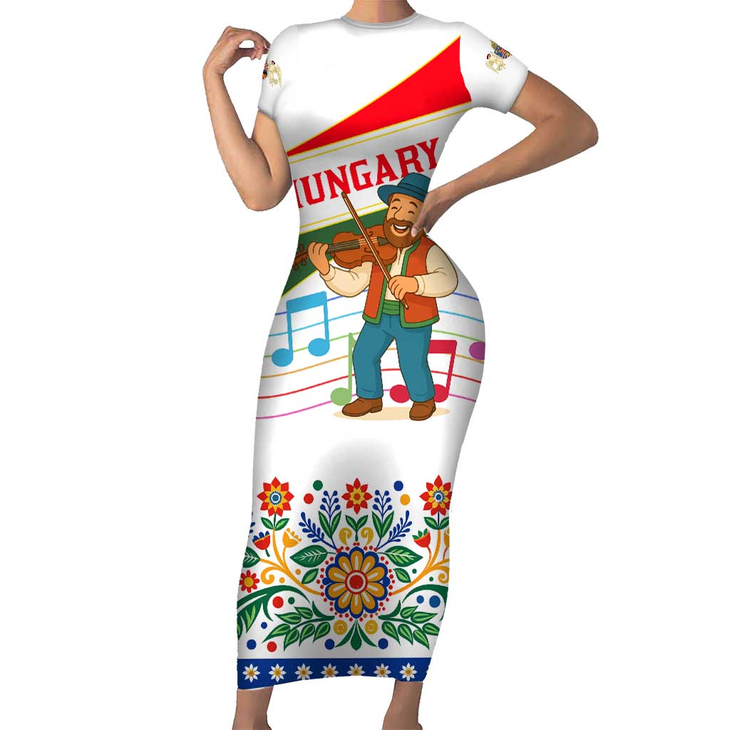 Hungary Short Sleeve Bodycon Dress with Folk Musician Illustration Design and Traditional Floral - Wonder Print Shop