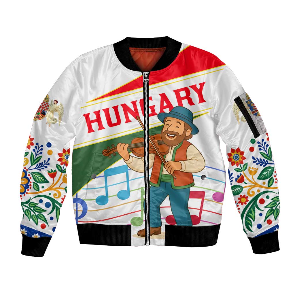Hungary Sleeve Zip Bomber Jacket with Folk Musician Illustration Design and Traditional Floral - Wonder Print Shop