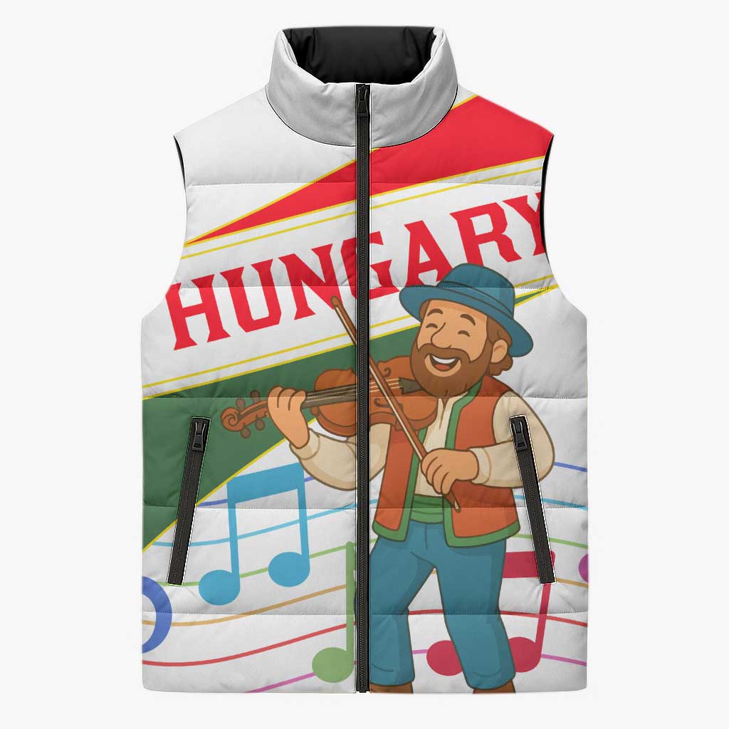 Hungary Sleeveless Puffer Jacket with Folk Musician Illustration Design and Traditional Floral - Wonder Print Shop
