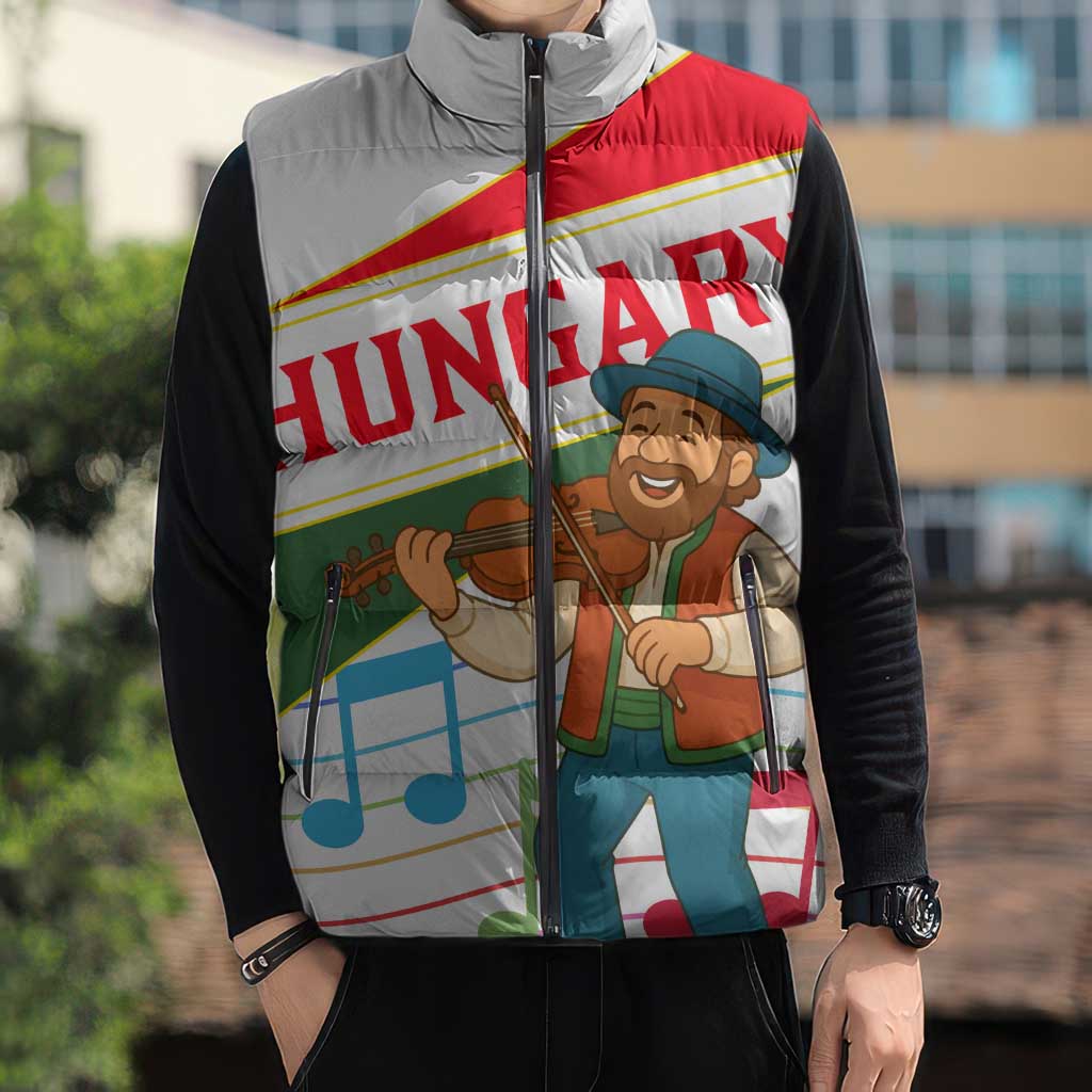 Hungary Sleeveless Puffer Jacket with Folk Musician Illustration Design and Traditional Floral - Wonder Print Shop