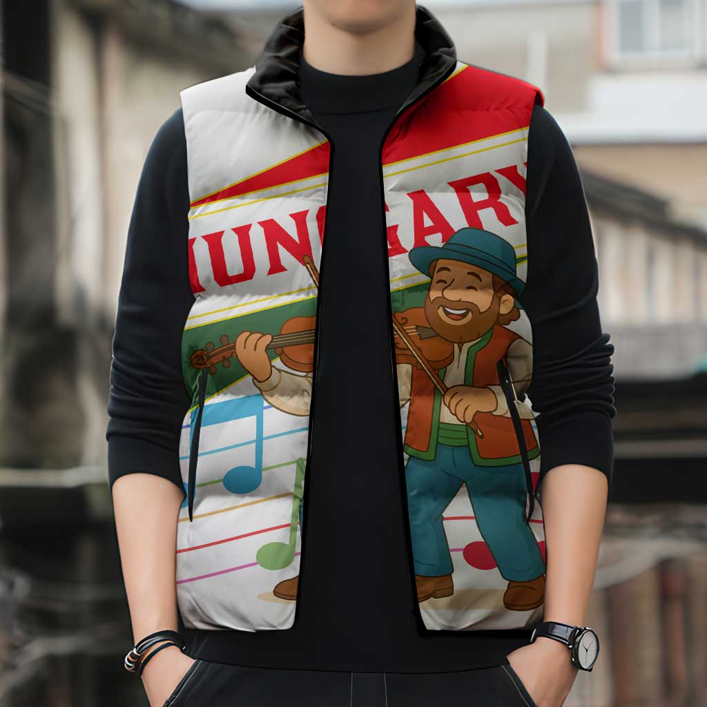 Hungary Sleeveless Puffer Jacket with Folk Musician Illustration Design and Traditional Floral - Wonder Print Shop