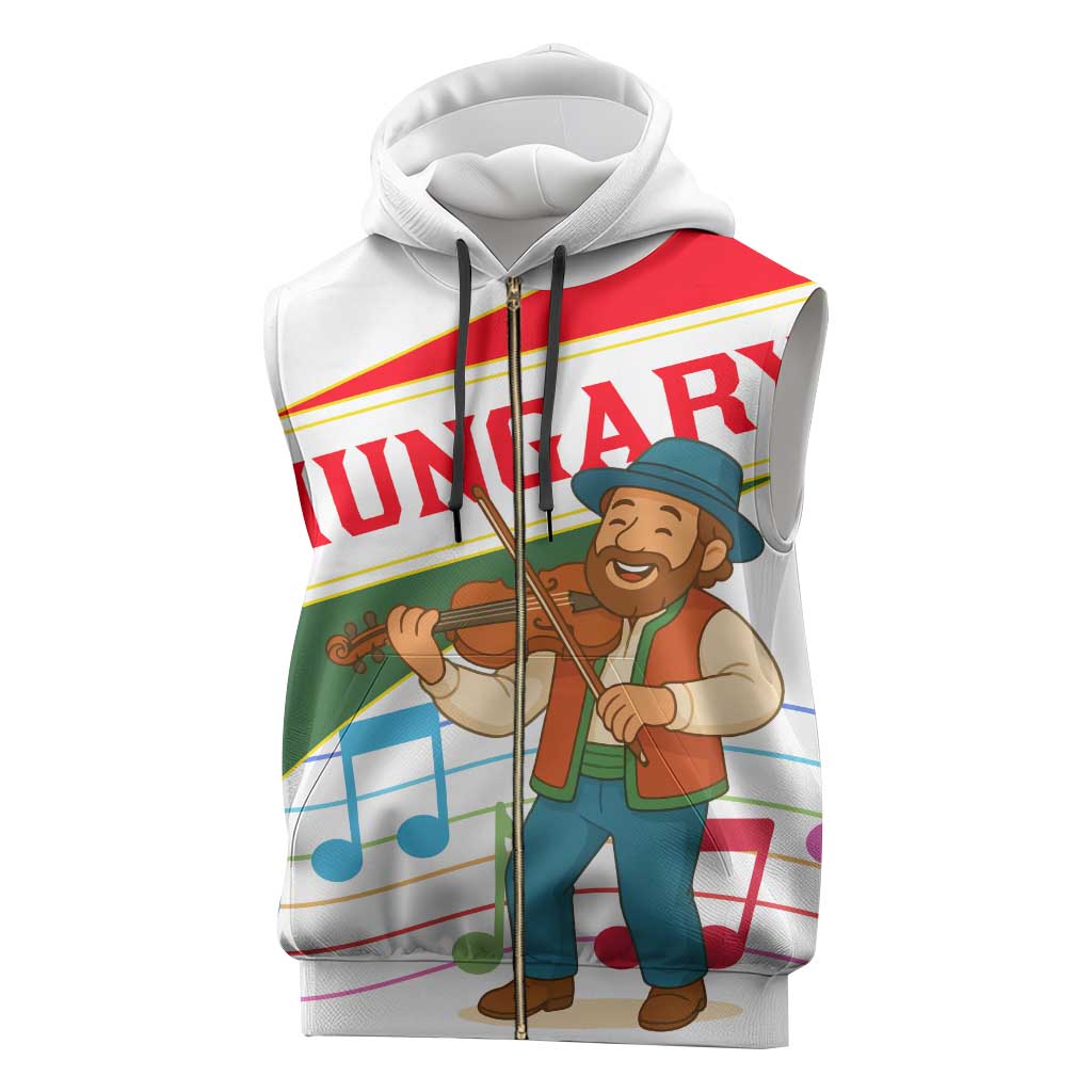 Hungary Sleeveless Zip Hoodie with Folk Musician Illustration Design and Traditional Floral - Wonder Print Shop