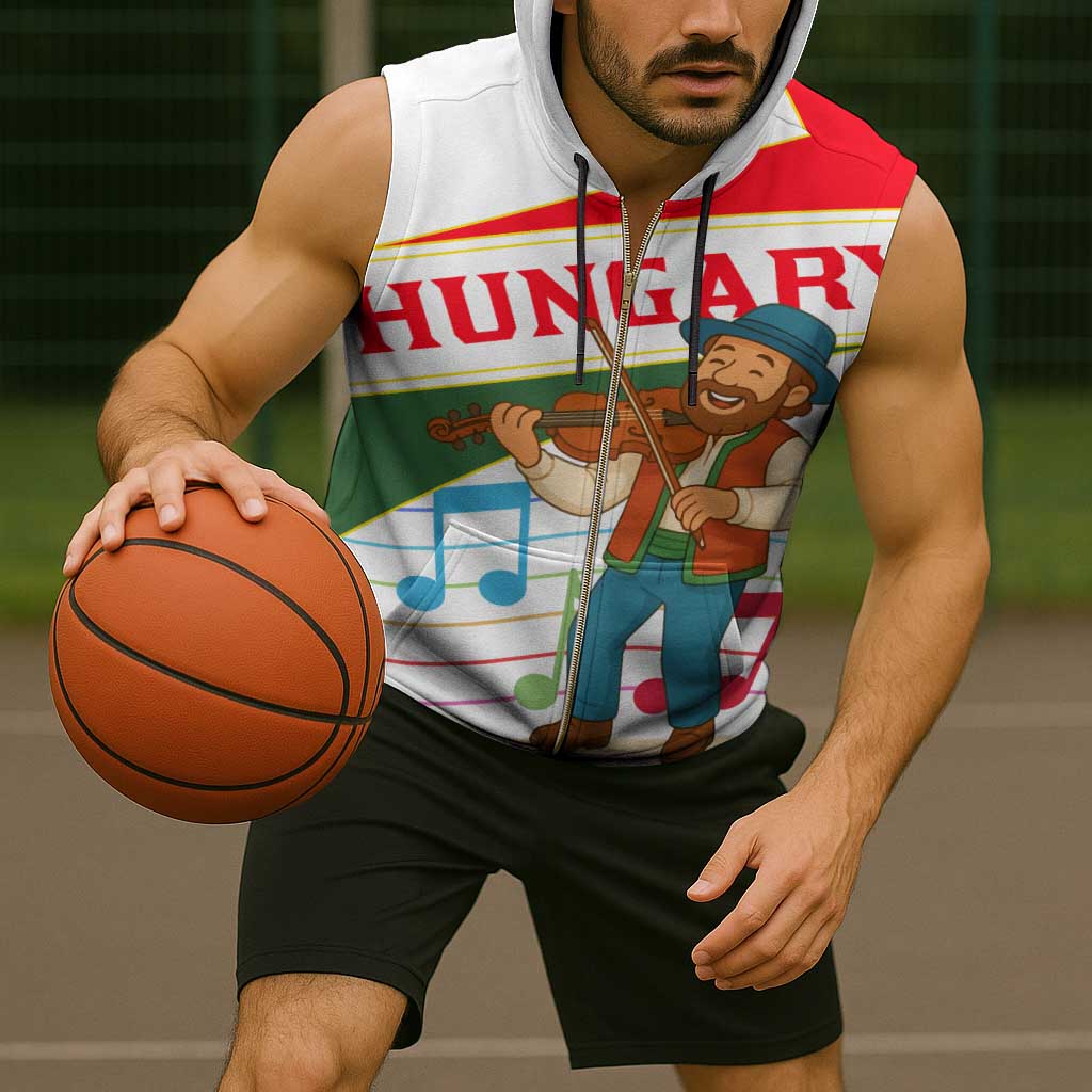Hungary Sleeveless Zip Hoodie with Folk Musician Illustration Design and Traditional Floral - Wonder Print Shop